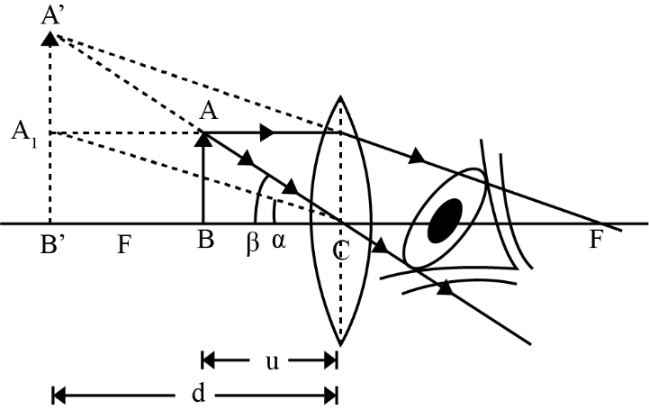 the least distance of distinct vision and f is the focal length of the convex lens