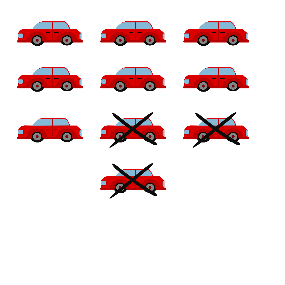 10 images of toy cars and 3 are crossed