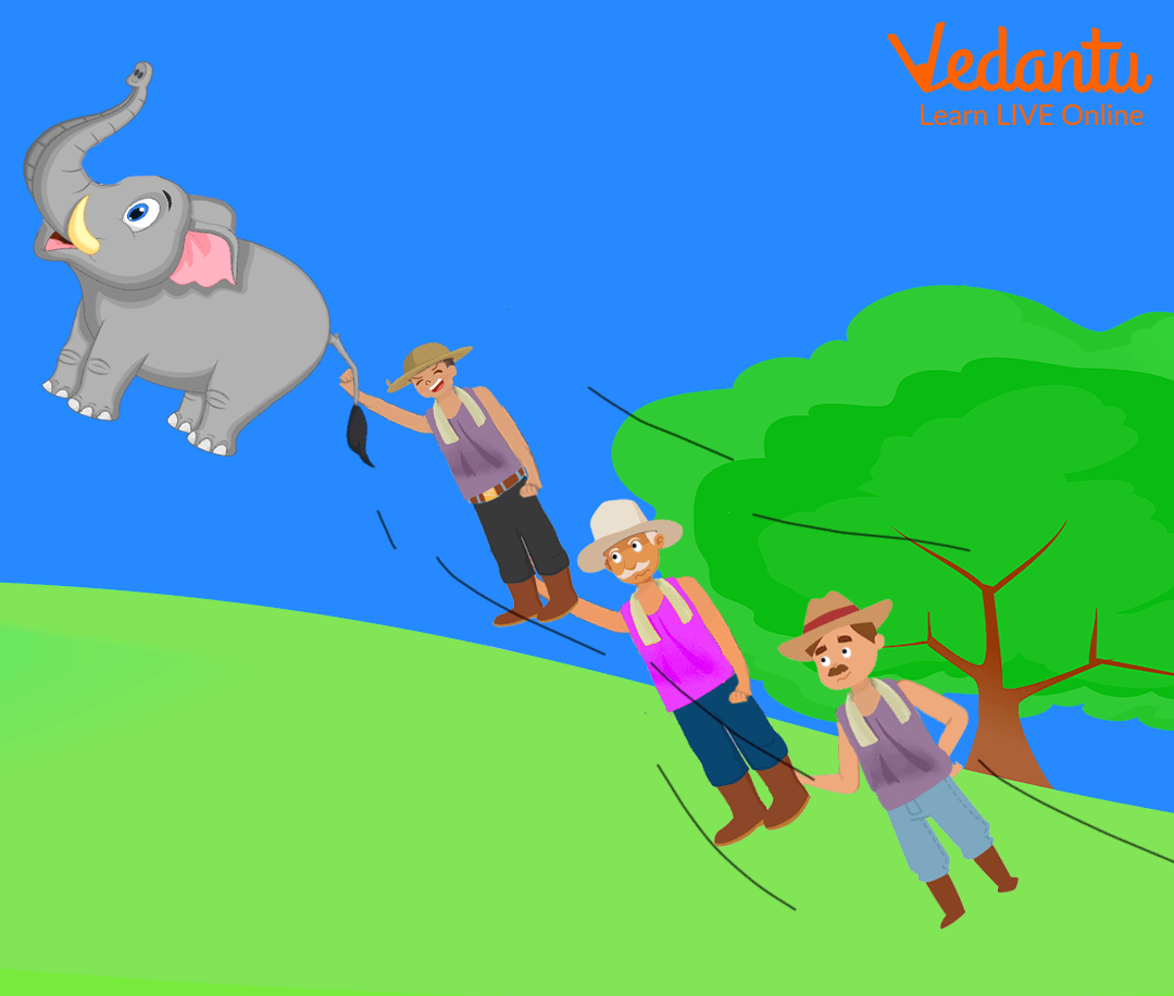 Elephant Flying with Men Holding Its Tail