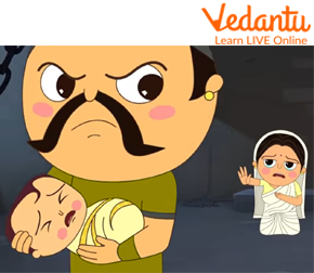 Kamsa snatching the infants from Devaki