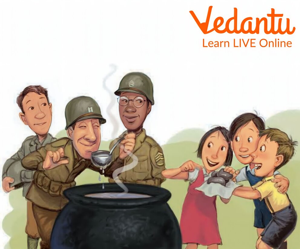 The soldier cooking nail soup for villagers