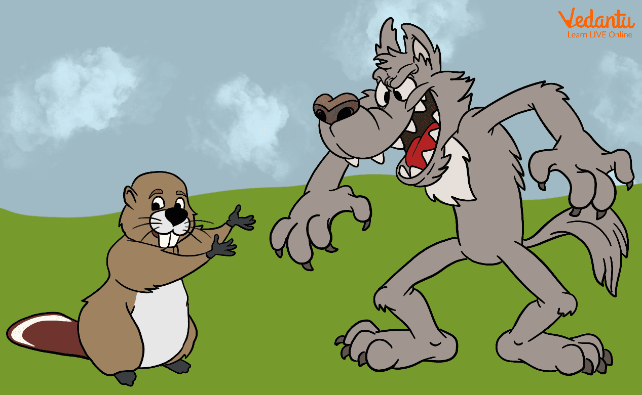 The cruel wolf has evil intentions for the baby beaver