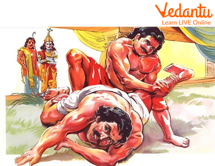 Bhima tearing Jarasandha into two