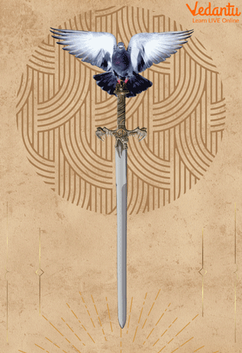 A sword with a pigeon sitting on it