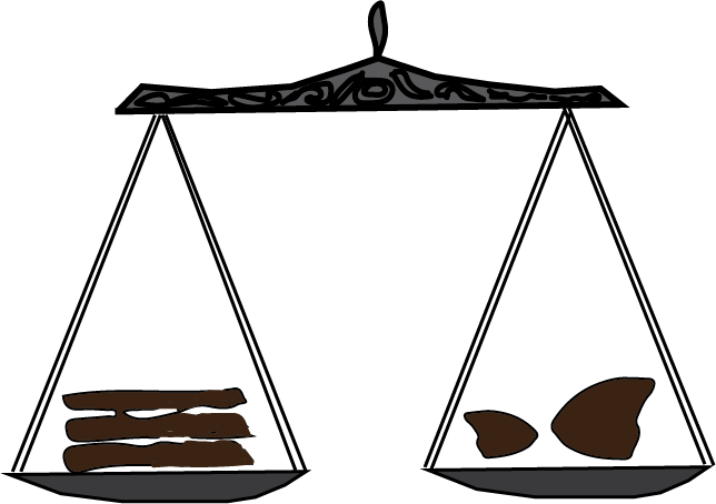 Stone and firewoods on the pan of balance
