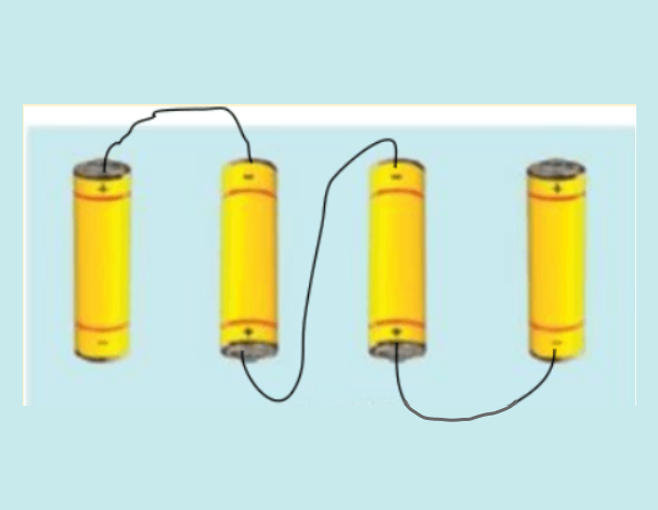 four cells fixed on a board indicate terminals with wires to make a battery of four cells