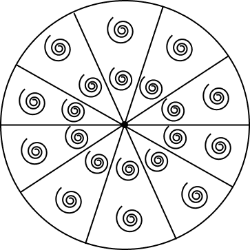 A brooch is made with silver wire in the form of a circle with diameter 35 mm. The wire is also used in making 5 diameters which divide the circle into 10 equal sectors as shown in figure